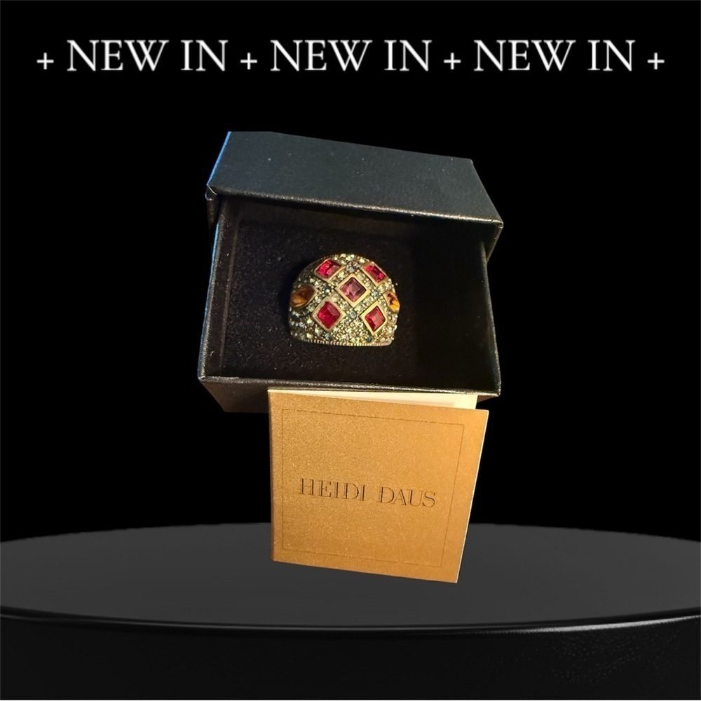 Heidi Daus Crystal Statement Ring – Ruby Red & Amber Diamond Quilt Design